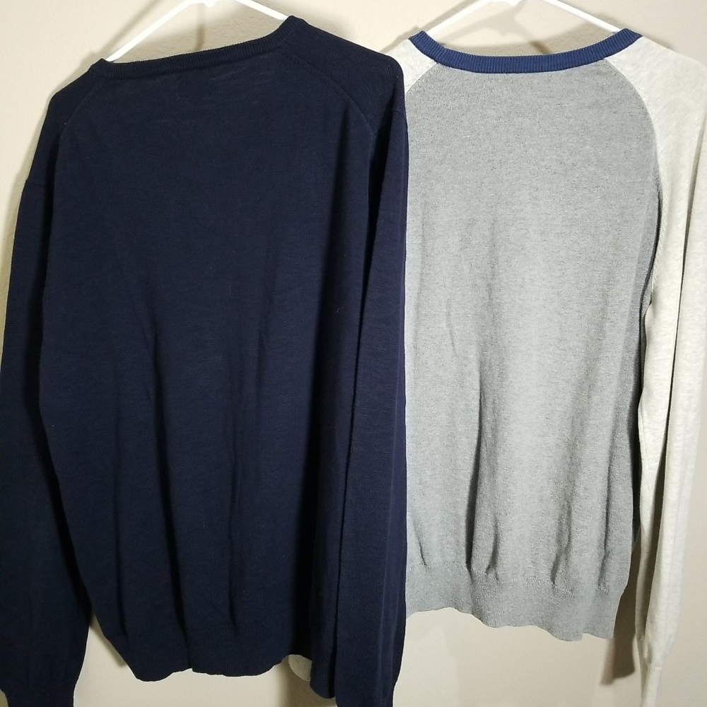 Lot of 2 J. Crew Cotton V-Neck Pullover crewneck Sweater Navy Blue Grey Mens Lg